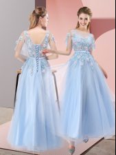  Light Blue Short Sleeves Floor Length Appliques Lace Up Evening Dress