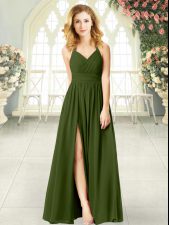  Olive Green Sleeveless Ruching Floor Length Homecoming Dress