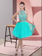 Sophisticated Knee Length Turquoise Prom Dresses Halter Top Sleeveless Backless