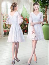  V-neck Half Sleeves Zipper Lace Prom Dress in White