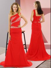  Red Lace Up One Shoulder Beading Dress for Prom Chiffon Sleeveless Sweep Train