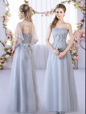 Simple Floor Length Lace Up Court Dresses for Sweet 16 Grey for Prom and Party and Wedding Party with Lace