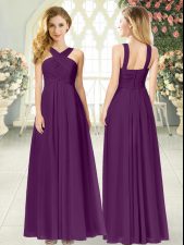  Purple Empire Straps Sleeveless Chiffon Floor Length Zipper Ruching Prom Evening Gown