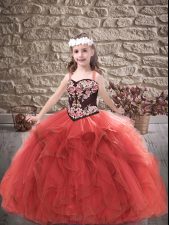 Attractive Red Straps Lace Up Embroidery and Ruffles Little Girls Pageant Dress Sleeveless