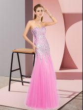  Rose Pink Column/Sheath Beading Prom Gown Zipper Tulle Sleeveless Floor Length