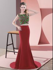  Sleeveless Beading Backless Prom Party Dress with Red Sweep Train
