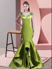 Customized Green and Olive Green Satin Side Zipper Prom Party Dress Sleeveless Sweep Train Beading