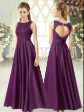  Sleeveless Satin Floor Length Backless Dress for Prom in Purple with Ruching