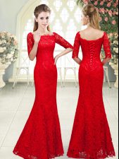  Beading Prom Dress Red Lace Up 3 4 Length Sleeve Floor Length