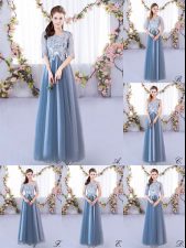 Edgy Blue Quinceanera Court of Honor Dress Prom and Party and Wedding Party with Lace Scoop Half Sleeves Lace Up