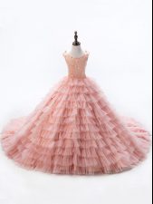  Pink Lace Up Little Girls Pageant Dress Wholesale Sleeveless Court Train Beading and Ruffled Layers