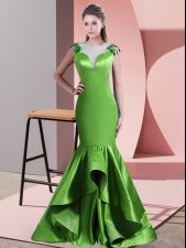 Latest Green Mermaid Scoop Sleeveless Satin Sweep Train Side Zipper Beading and Lace and Appliques Prom Evening Gown