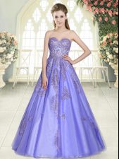 Attractive Sleeveless Floor Length Appliques Lace Up Prom Dresses with Lavender
