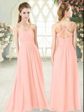 Latest Pink Empire Ruching Prom Evening Gown Criss Cross Chiffon Sleeveless Floor Length