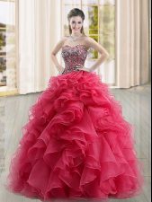 Dynamic Coral Red Sleeveless Organza Lace Up 15th Birthday Dress for Military Ball and Sweet 16 and Quinceanera
