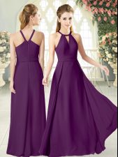 Classical Purple Chiffon Zipper Prom Party Dress Sleeveless Floor Length Ruching