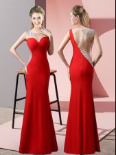 Fitting Scoop Sleeveless Evening Dress Floor Length Beading and Pick Ups Red Satin