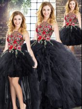 Sexy Black Ball Gown Prom Dress Military Ball and Sweet 16 and Quinceanera with Embroidery and Ruffles Scoop Sleeveless Zipper