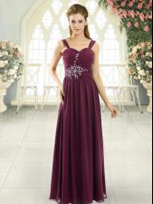 Dazzling Burgundy Chiffon Lace Up Prom Dress Sleeveless Floor Length Beading and Ruching