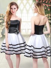 White And Black A-line Strapless Sleeveless Organza Mini Length Zipper Ruffled Layers and Hand Made Flower Prom Dresses