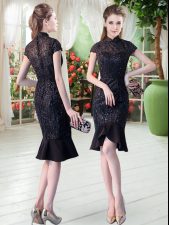 Best Selling Knee Length Black Dress for Prom Short Sleeves Lace