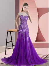 Excellent Scoop Sleeveless Tulle Prom Dresses Appliques Sweep Train Backless