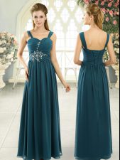 Cute Floor Length Teal Prom Party Dress Chiffon Sleeveless Beading and Ruching