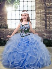 Cheap Light Blue Ball Gowns Tulle Straps Sleeveless Embroidery and Ruffles Floor Length Lace Up Little Girls Pageant Gowns