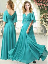  Aqua Blue Empire Chiffon V-neck Half Sleeves Beading and Lace Floor Length Zipper Prom Evening Gown Sweep Train