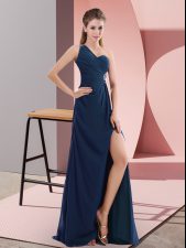  One Shoulder Sleeveless Prom Gown Sweep Train Beading and Ruching Navy Blue Chiffon