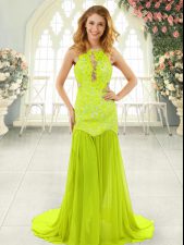 Dynamic Yellow Green Backless Prom Party Dress Lace Sleeveless With Brush Train
