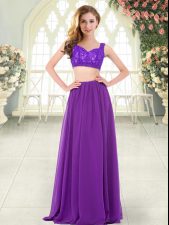 Most Popular Straps Sleeveless Prom Party Dress Floor Length Beading and Lace Purple Chiffon