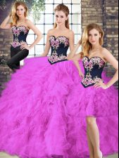 Dynamic Fuchsia Three Pieces Tulle Sweetheart Sleeveless Beading and Embroidery Floor Length Lace Up Quinceanera Dresses