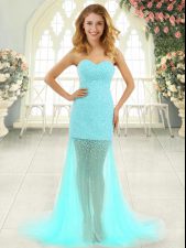 Fashion Aqua Blue Prom Dress Prom and Party with Beading Sweetheart Sleeveless Brush Train Zipper