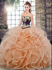 Enchanting Peach Ball Gowns Sweetheart Sleeveless Tulle Sweep Train Lace Up Embroidery and Ruffles Vestidos de Quinceanera