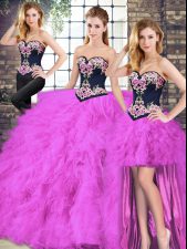 Noble Fuchsia Three Pieces Sweetheart Sleeveless Tulle Floor Length Lace Up Beading and Embroidery Quinceanera Dress