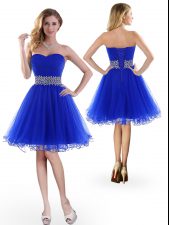 Simple Tulle Sleeveless Knee Length Prom Dress and Beading