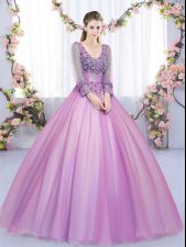 Captivating Long Sleeves Lace Up Floor Length Lace and Appliques Quince Ball Gowns