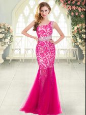Affordable Hot Pink Zipper Prom Party Dress Beading and Lace Sleeveless Floor Length