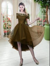  Brown Lace Up Off The Shoulder Lace Homecoming Dress Tulle Short Sleeves
