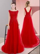 Custom Made Red Bateau Lace Up Beading and Appliques Sweep Train Sleeveless