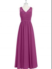  Fuchsia Chiffon Backless Prom Gown Sleeveless Floor Length Lace and Ruching