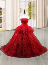  Wine Red 15th Birthday Dress Military Ball and Sweet 16 and Quinceanera with Lace and Ruffles Strapless Sleeveless Brush Train Lace Up
