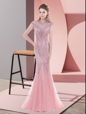 Custom Design Pink Prom Dresses Tulle Sweep Train Cap Sleeves Beading and Lace