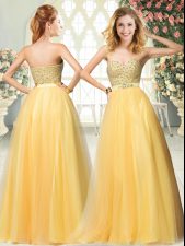 Artistic Sleeveless Tulle Floor Length Zipper Prom Evening Gown in Gold with Beading