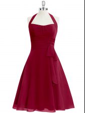 Best Selling Halter Top Sleeveless Prom Party Dress Knee Length Ruching Wine Red Chiffon