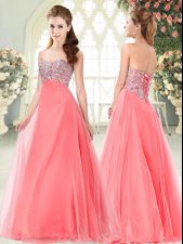  Floor Length Lace Up Evening Dress Watermelon Red for Prom and Party with Beading