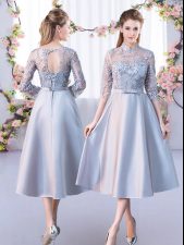  Silver A-line High-neck Half Sleeves Satin Tea Length Lace Up Lace Damas Dress