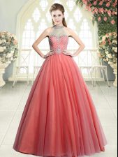 Stunning A-line Prom Dresses Watermelon Red Halter Top Tulle Sleeveless Floor Length Zipper