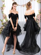 Eye-catching Black Lace Up Off The Shoulder Lace and Ruffled Layers Dama Dress Tulle Short Sleeves